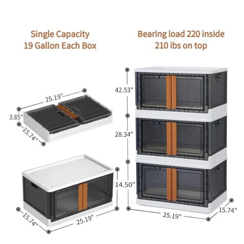Storage Bins with Lids (3) - Collapsible Storage Bins, Clear Black (19 gallons)